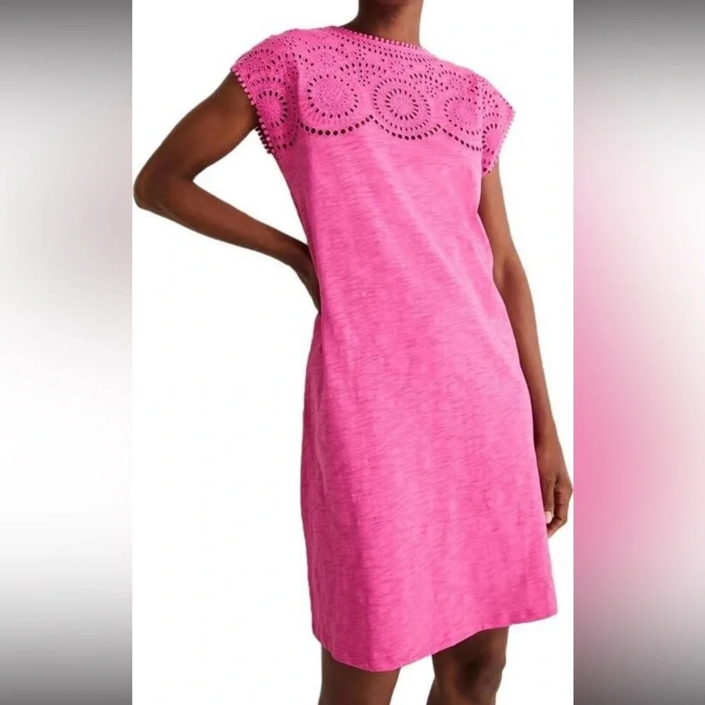 Boden Cutwork Hot Pink Shirt Dress Eyelet Short Sleeve Dress Size 10 - Picture 2 of 8